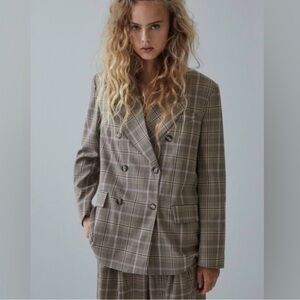 NWT Zara Oversized Plaid Blazer Tan / Pink size Small